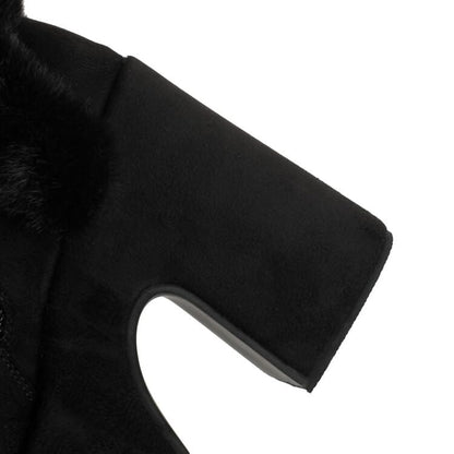 Platform Pom Pom Panel Fluffy Block Heel Mid Calf Boots