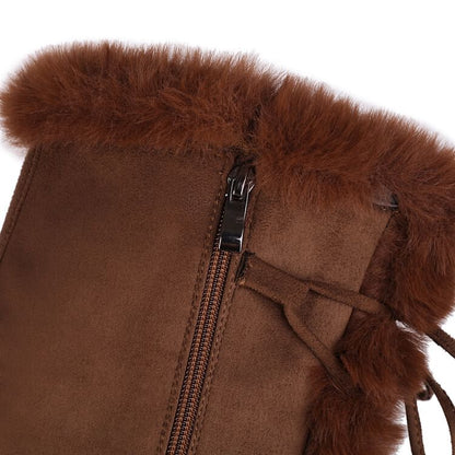 Platform Fluffy Panel Faux Suede Lace Up Knee High Boots