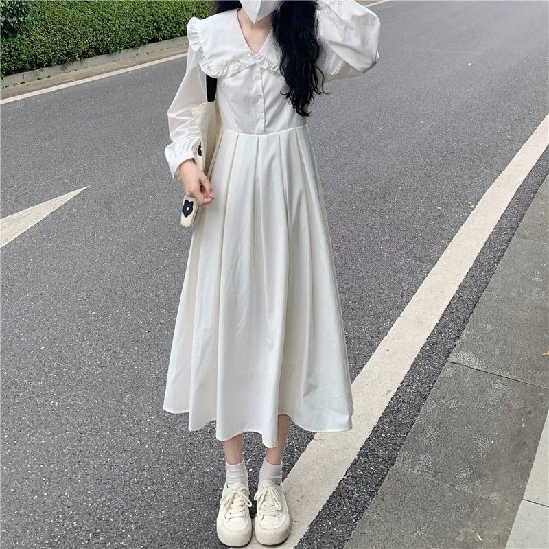 Long-Sleeve Collared Solid Midi A-Line Dress & Cardigan Set