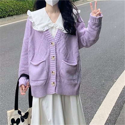 Long-Sleeve Collared Solid Midi A-Line Dress & Cardigan Set