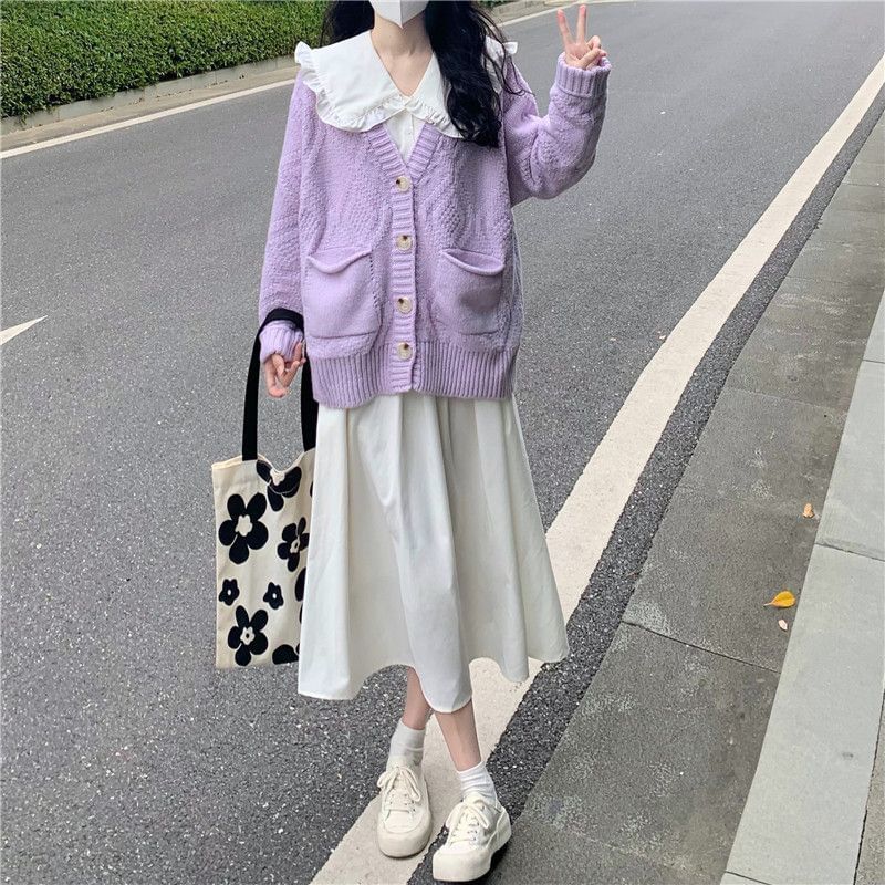 Long-Sleeve Collared Solid Midi A-Line Dress & Cardigan Set