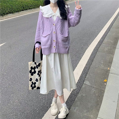 Long-Sleeve Collared Solid Midi A-Line Dress & Cardigan Set