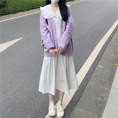 Long-Sleeve Collared Solid Midi A-Line Dress & Cardigan Set