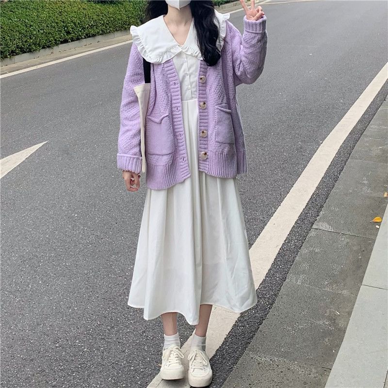 Long-Sleeve Collared Solid Midi A-Line Dress & Cardigan Set
