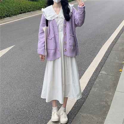 Long-Sleeve Collared Solid Midi A-Line Dress & Cardigan Set
