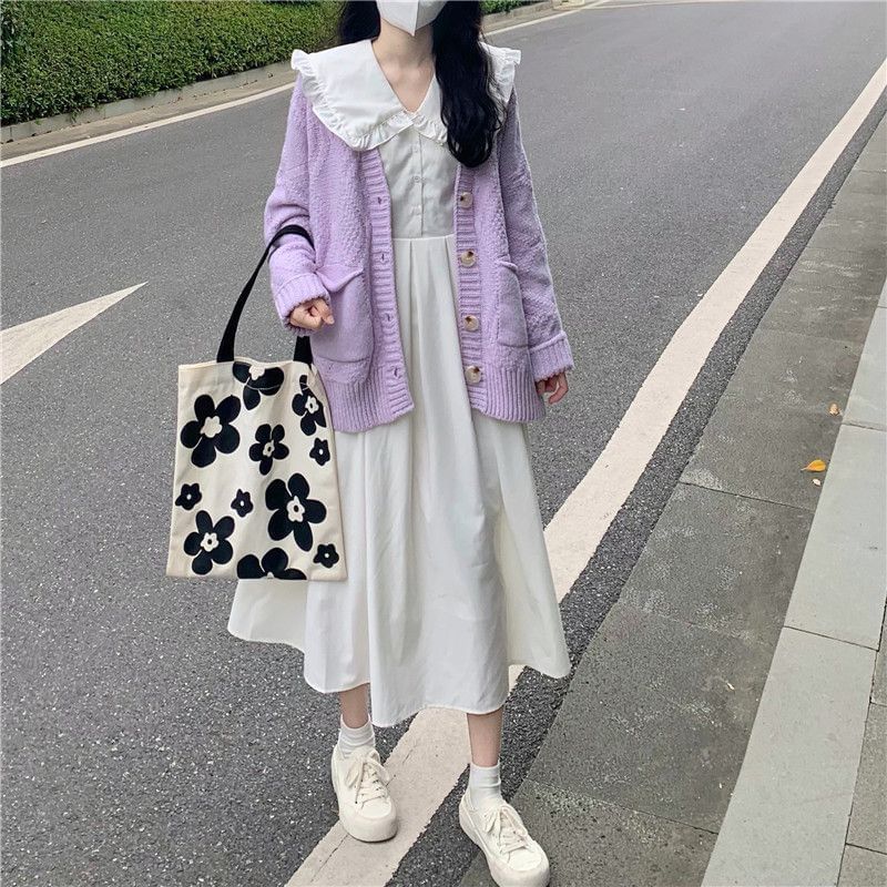 Long-Sleeve Collared Solid Midi A-Line Dress & Cardigan Set