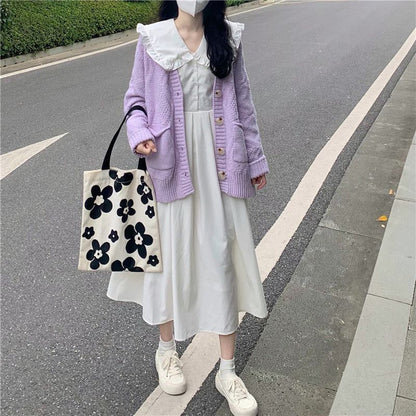 Long-Sleeve Collared Solid Midi A-Line Dress & Cardigan Set