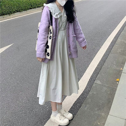Long-Sleeve Collared Solid Midi A-Line Dress & Cardigan Set