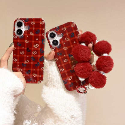 Pom Set Case Plaid / Phone Heart Strap