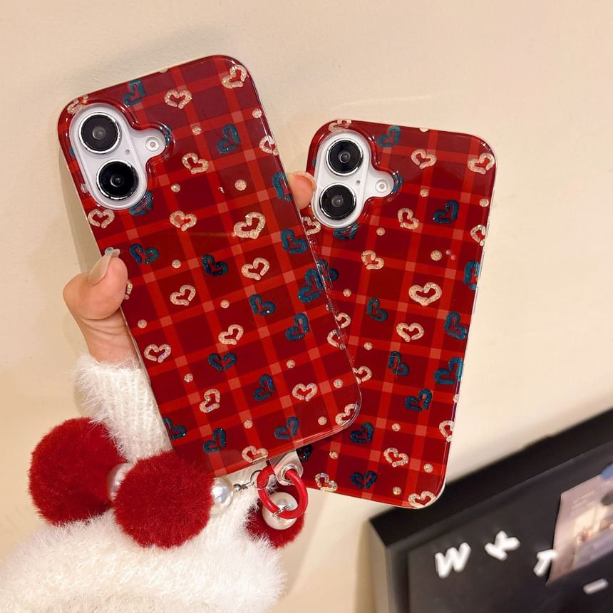Pom Set Case Plaid / Phone Heart Strap