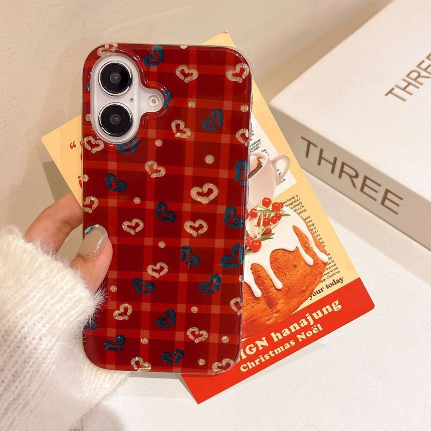 Pom Set Case Plaid / Phone Heart Strap