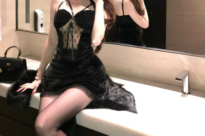 Patterned Mesh Panel Strappy Camisole Top / High Waist Plain Mini Pencil Skirt / Faux Fur Jacket