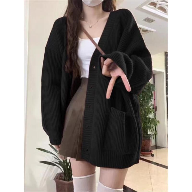 V-Neck Solid Pocket Ribbed Oversized Cardigan
