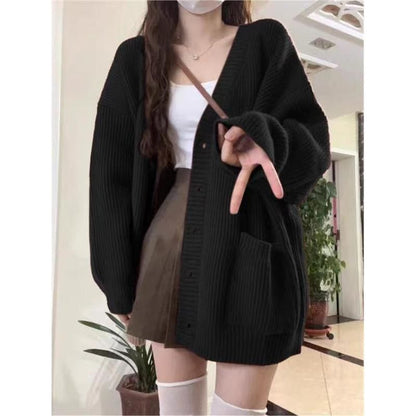 V-Neck Solid Pocket Ribbed Oversized Cardigan