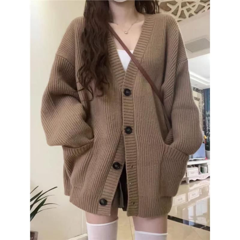 V-Neck Solid Pocket Ribbed Oversized Cardigan