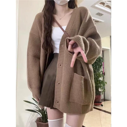 V-Neck Solid Pocket Ribbed Oversized Cardigan