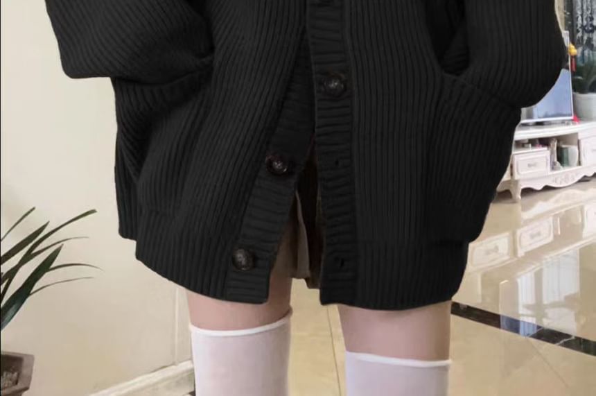 V-Neck Solid Pocket Ribbed Oversized Cardigan