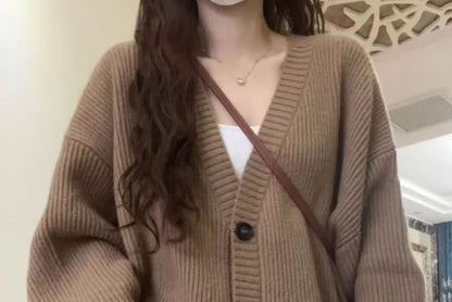 V-Neck Solid Pocket Ribbed Oversized Cardigan