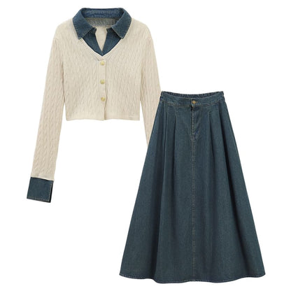 Flared-Sleeve Collar Denim Panel Cable-Knit Cardigan & High Rise Denim Maxi Skirt Set