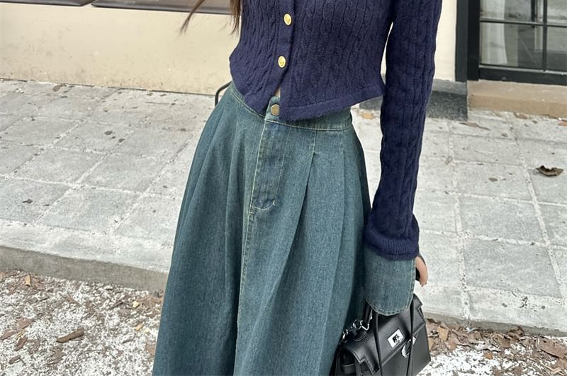 Flared-Sleeve Collar Denim Panel Cable-Knit Cardigan & High Rise Denim Maxi Skirt Set