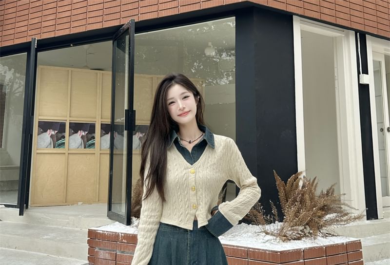Flared-Sleeve Collar Denim Panel Cable-Knit Cardigan & High Rise Denim Maxi Skirt Set
