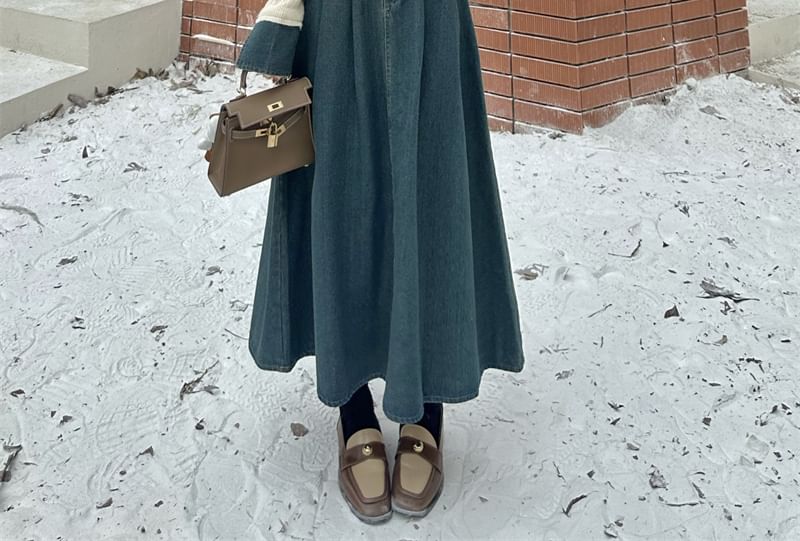 Flared-Sleeve Collar Denim Panel Cable-Knit Cardigan & High Rise Denim Maxi Skirt Set
