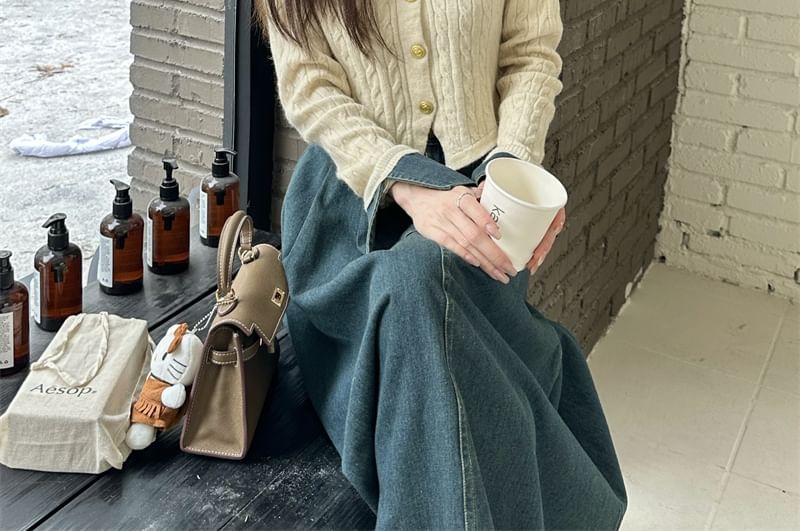 Flared-Sleeve Collar Denim Panel Cable-Knit Cardigan & High Rise Denim Maxi Skirt Set