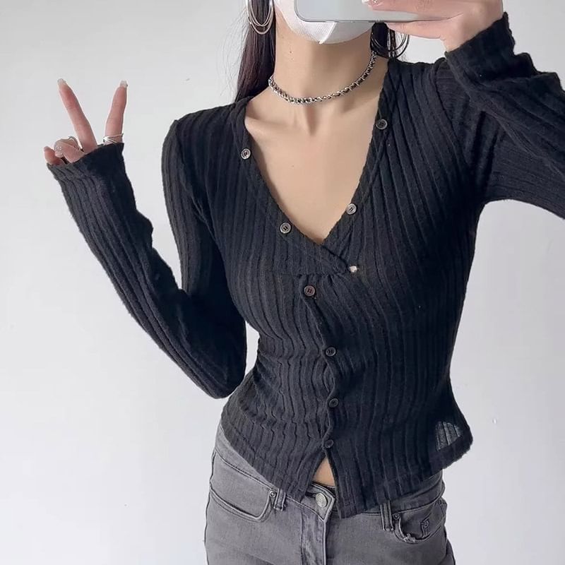 V-Neck Ribbed Solid Crop Cardigan