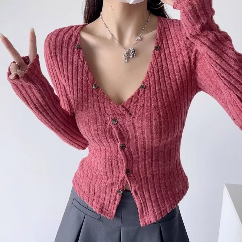 V-Neck Ribbed Solid Crop Cardigan
