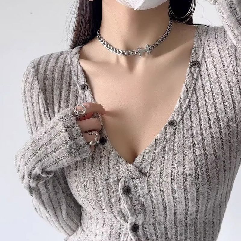 V-Neck Ribbed Solid Crop Cardigan