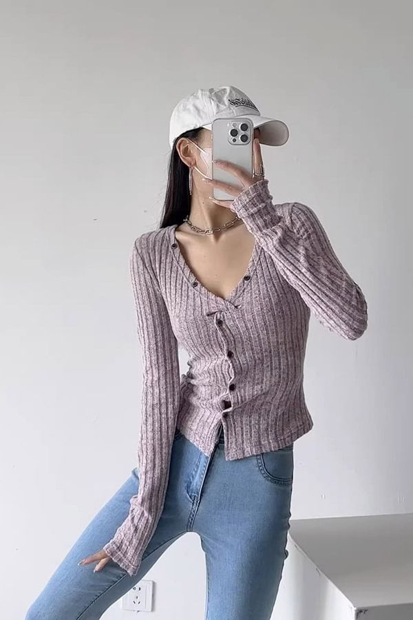V-Neck Ribbed Solid Crop Cardigan