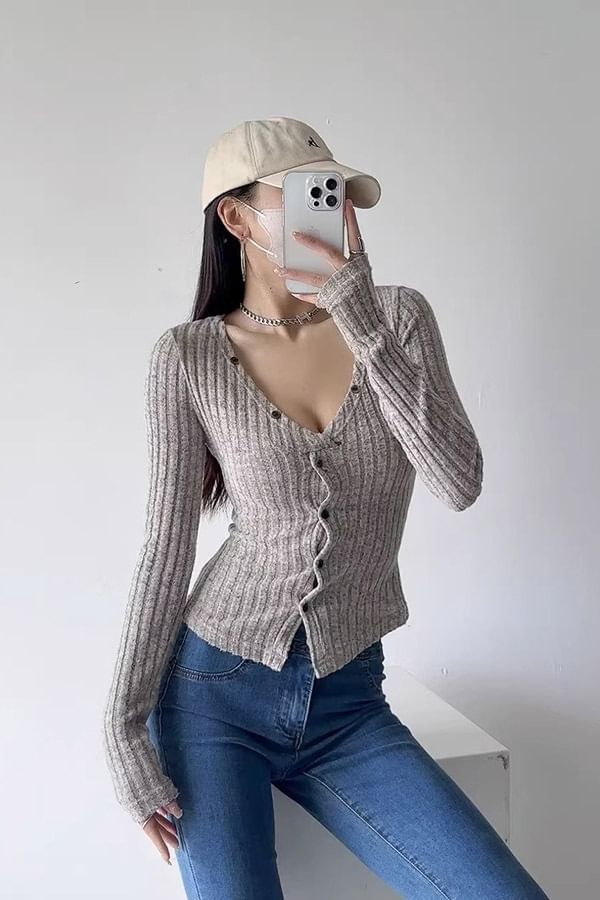 V-Neck Ribbed Solid Crop Cardigan