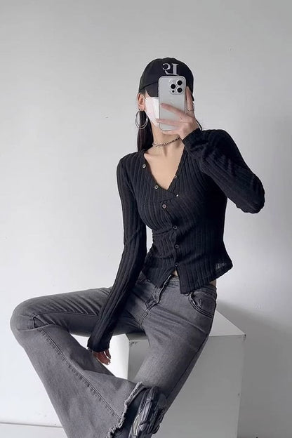 V-Neck Ribbed Solid Crop Cardigan