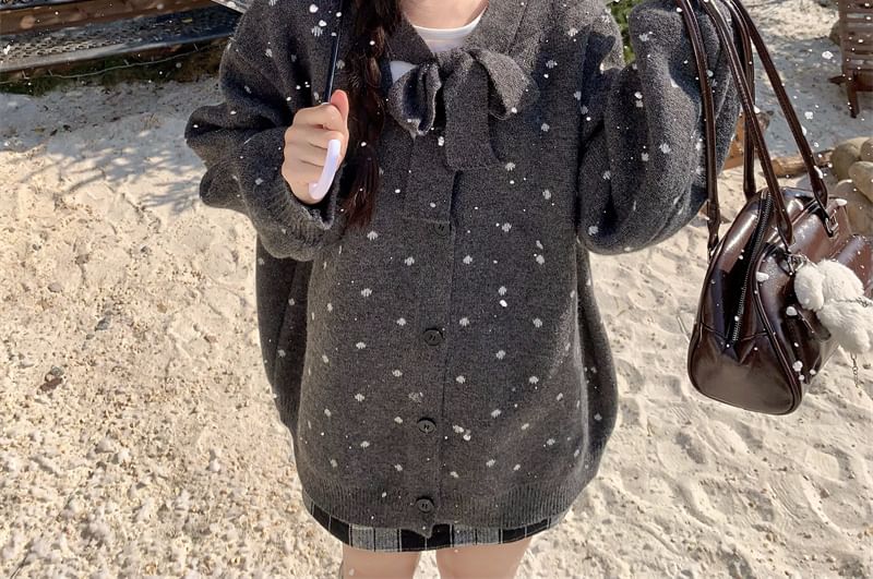 Tie-Neck Dotted Button-Front Cardigan