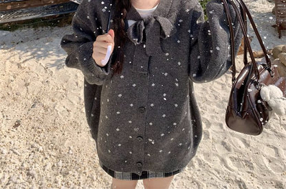 Tie-Neck Dotted Button-Front Cardigan