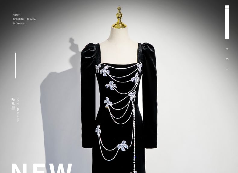 Evening Rhinestone Gown Bow Neck Velvet Square Trumpet Long-Sleeve