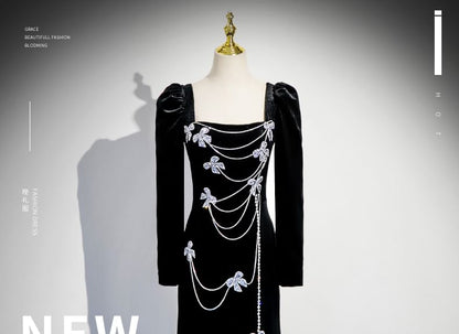 Evening Rhinestone Gown Bow Neck Velvet Square Trumpet Long-Sleeve