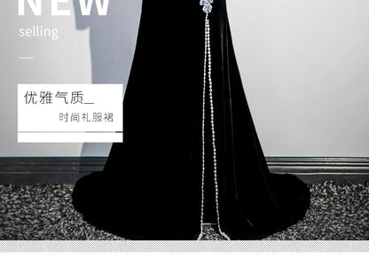 Long-Sleeve Square Neck Bow Rhinestone Velvet Trumpet Evening Gown