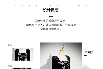 Evening Rhinestone Gown Bow Neck Velvet Square Trumpet Long-Sleeve