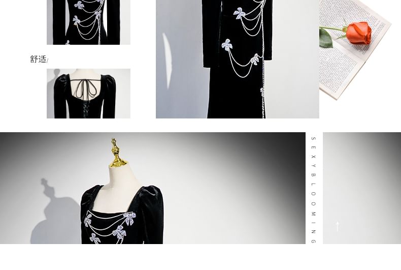 Evening Rhinestone Gown Bow Neck Velvet Square Trumpet Long-Sleeve