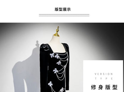 Evening Rhinestone Gown Bow Neck Velvet Square Trumpet Long-Sleeve