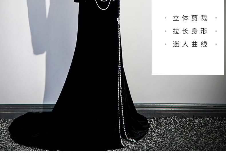 Evening Rhinestone Gown Bow Neck Velvet Square Trumpet Long-Sleeve