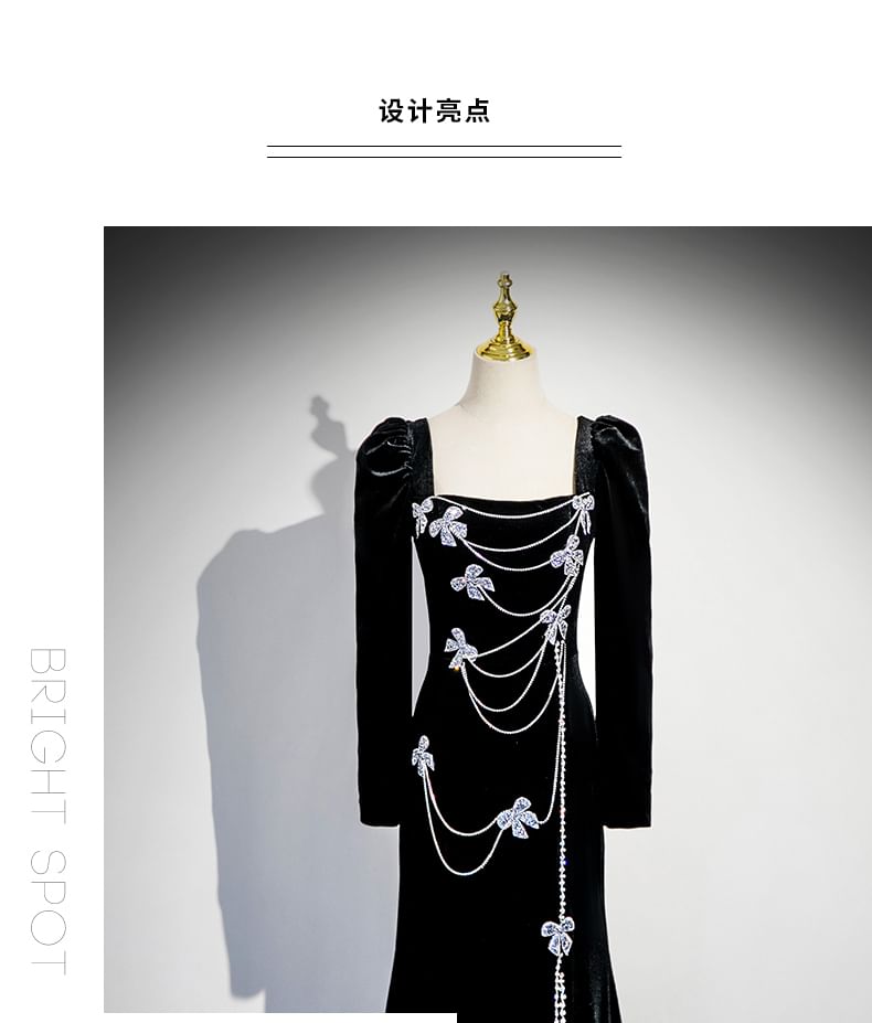 Evening Rhinestone Gown Bow Neck Velvet Square Trumpet Long-Sleeve
