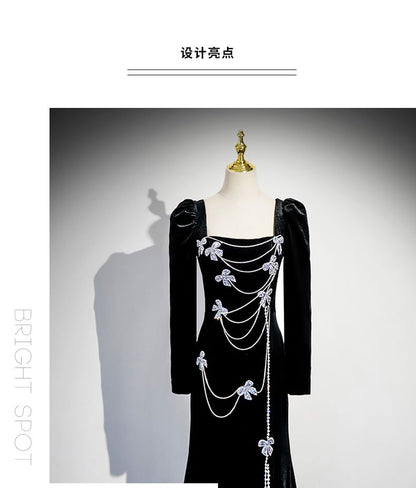Long-Sleeve Square Neck Bow Rhinestone Velvet Trumpet Evening Gown