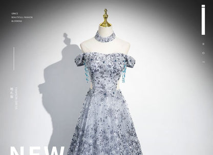 Sleeveless Off-Shoulder Floral Sequin Cutout A-Line Evening Gown