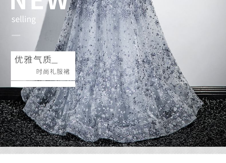 Sleeveless Off-Shoulder Floral Sequin Cutout A-Line Evening Gown