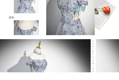 Sleeveless Off-Shoulder Floral Sequin Cutout A-Line Evening Gown