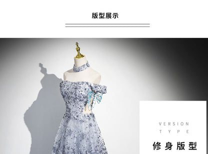 Sleeveless Off-Shoulder Floral Sequin Cutout A-Line Evening Gown