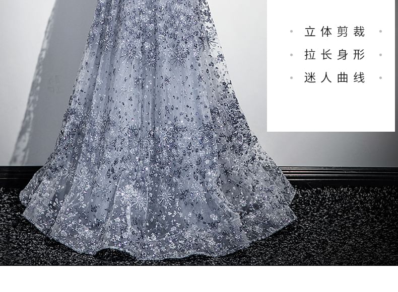 Sleeveless Off-Shoulder Floral Sequin Cutout A-Line Evening Gown