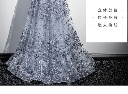 Sleeveless Off-Shoulder Floral Sequin Cutout A-Line Evening Gown